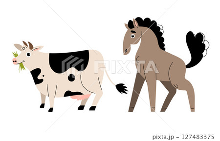 A Cute Cartoon Cow and Horse Together on a Beautiful Farm, Engaging in Playful Activities 127483375