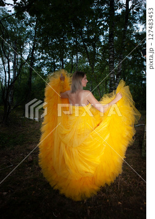 An Elegant Woman Dressed in a Beautiful Yellow Tulle Dress Posing Gracefully in a Lush Forest 127483453