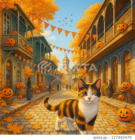 ハロウィン素材　ヨーロッパ風な街並みと猫　左目ウインク　Generative AI 127483470
