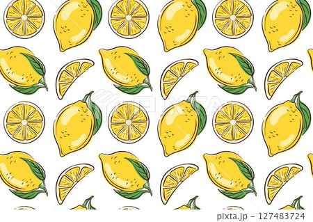 Seamless lemon pattern with whole fruit, slices and leaves in flat style. Citrus background for packaging, kitchen decor, textiles or summer themed design. Seamless lemon pattern with whole fruit, slices and leaves in flat style. Citrus background for packaging, kitchen decor, textiles or summer themed design. 127483724