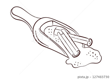 Scoop with cinnamon ground and sticks illustration with handle in line art style isolated on a white background. Scoop with cinnamon ground and sticks illustration with handle in line art style isolated on a white background. 127483730