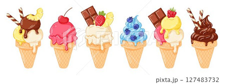 Ice cream cone set with melting scoop and cherry, pineapple, strawberry, chocolate bar, blueberry, raspberry on top in waffle cone in cartoon style. Ideal for dessert menu, summer sweet, food design. Ice cream cone set with melting scoop and cherry, pineapple, strawberry, chocolate bar, blueberry, raspberry on top in waffle cone in cartoon style. Ideal for dessert menu, summer sweet, food design. 127483732