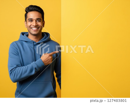 Friendly Guy Shows Advertisement Spot 127483801