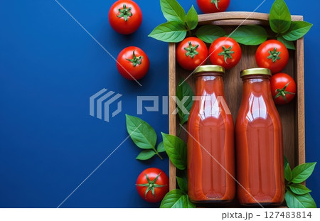 Tomato Juice Bottles on Blue Tray Tomato Juice Bottles on Blue Tray 127483814