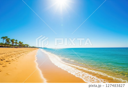 Scorching Heat Covers Coastal Landscape as Sand and Sea Meet Beneath Brilliant Sky in Iconic Beach Scene With Powerful Sunlight 127483827
