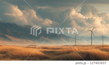 A vast endless grassland with several wind turbines standing tall 127483837