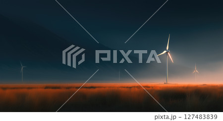 Wind turbines in the field at sunset/sunrise. Vast meadow with tall wind turbines 127483839