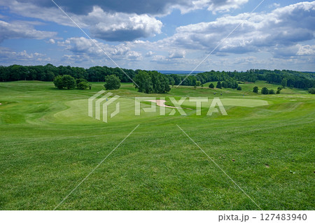 Smooth grassy area of a golf course, trees in the background 127483940