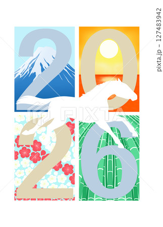 走る馬と富士山・海の日の出・梅・竹の背景 127483942