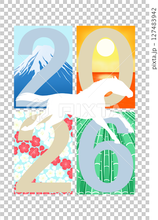 Running horse with Mt. Fuji, sunrise over the sea, plum blossoms and bamboo background 127483942