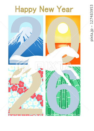 走る馬と富士山・海の日の出・梅・竹の背景 127483953