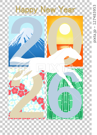 Running horse with Mt. Fuji, sunrise over the sea, plum blossoms and bamboo background 127483953