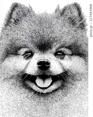 笑顔のポメラニアン点描イラスト ─ 緻密なドットで描かれた愛らしい犬