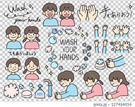 手洗いの手描きイラストセット 127484054