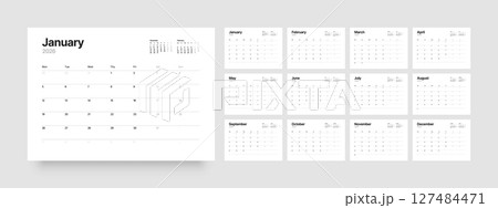 Monthly calendar layout for 2026. Planner diary. 127484471
