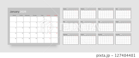 Monthly calendar layout for 2026. Planner diary. 127484481