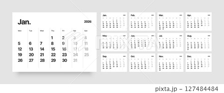 Monthly calendar layout for 2026. Planner diary. 127484484