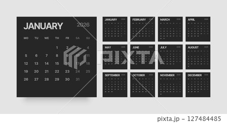 Monthly calendar layout for 2026. Planner diary. 127484485