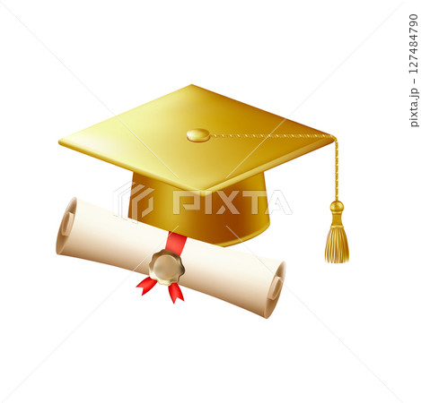 3d diploma scroll with graduate hat. Vintage roll paper 127484790