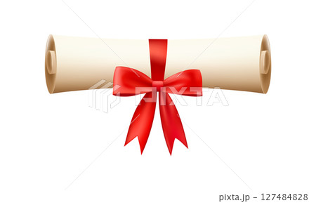 3d diploma scroll icon. Roll paper with red bow. 127484828