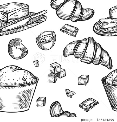 Seamless pattern on the theme of baking. A bowl of dough, croissants, chocolate slices, a chicken egg, butter in a butter dish. All objects are hand-drawn with ink. For printing on packaging, paper. 127484859
