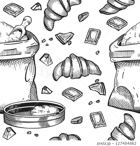 Seamless vector pattern on the theme of cooking, baking. A bag of flour, a sieve, croissants, pieces of chocolate. All objects are hand-drawn with ink. For printing on paper, bakery design. Seamless vector pattern on the theme of cooking, baking. A bag of flour, a sieve, croissants, pieces of chocolate. All objects are hand-drawn with ink. For printing on paper, bakery design. 127484862