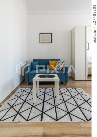 Cozy Minimalist Living Corner with Blue Sofa and Geometric Rug Cozy Minimalist Living Corner with Blue Sofa and Geometric Rug 127485203