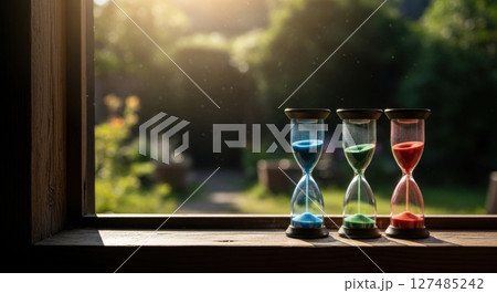Three colorful antique hourglasses with sand on a wooden windowsill in bright sunlight 127485242