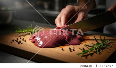Close up of a chef slicing fresh raw chicken liver on a wooden board with herbs and spices. 127485257