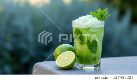 Refreshing mint lemonade drink with lime and mint leaves in a tall glass outdoors 127485328