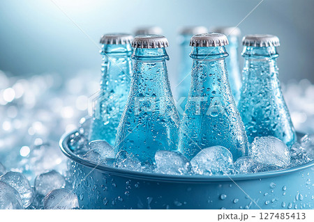 Summer vibes. Retro cooler filled with glass soda bottles and ice. Retro style. Close-up. 127485413