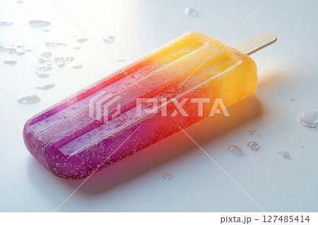 Popsicle with rainbow colors on a long stick on a white background. Summer fun. Retro style. 127485414
