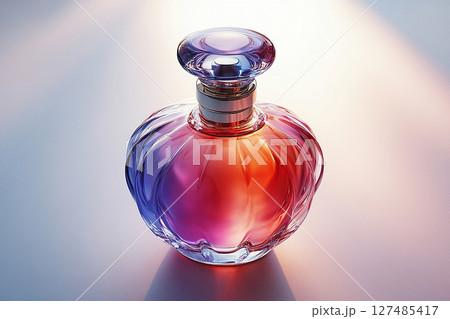 Perfume bottle with glossy on its glass surface, conveying elegance and sophistication. Ideal for high-end perfume advertisements. Perfume bottle with glossy on its glass surface, conveying elegance and sophistication. Ideal for high-end perfume advertisements. 127485417