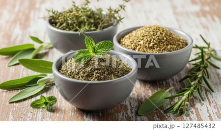Aromatic dried and fresh herbs in grey bowls on a rustic wooden table Aromatic dried and fresh herbs in grey bowls on a rustic wooden table 127485432