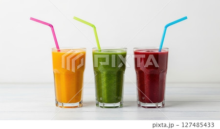 Three colorful healthy smoothies in tall glasses with straws on a white table Three colorful healthy smoothies in tall glasses with straws on a white table 127485433