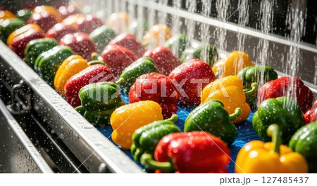 Colorful red green and yellow bell peppers washed on a conveyor belt in a factory Colorful red green and yellow bell peppers washed on a conveyor belt in a factory 127485437