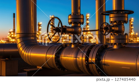 Large industrial pipes and valves at an oil refinery illuminated at night Large industrial pipes and valves at an oil refinery illuminated at night 127485440