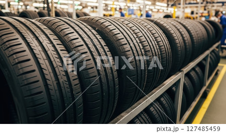 New black car tires neatly arranged on a metal rack in an automotive factory New black car tires neatly arranged on a metal rack in an automotive factory 127485459