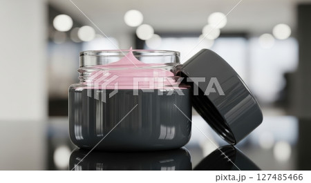 Dark grey cosmetic jar with pink cream and open lid for skincare product display Dark grey cosmetic jar with pink cream and open lid for skincare product display 127485466