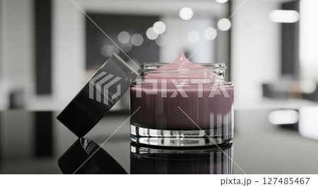Elegant dark grey cosmetic jar with pink cream on reflective surface Elegant dark grey cosmetic jar with pink cream on reflective surface 127485467