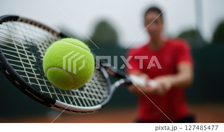 Tennis ball hitting a racket on a clay court with an athlete in the background 127485477