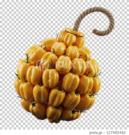 Vibrant yellow habanero pepper bomb with rope fuse, explosive spice concept 127485482