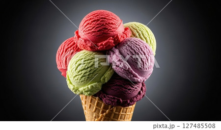 Colorful ice cream scoops in a waffle cone with various flavors for summer dessert Colorful ice cream scoops in a waffle cone with various flavors for summer dessert 127485508