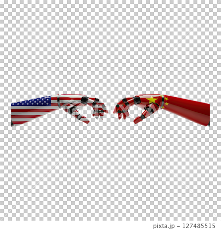 Robotic arms with usa and china flags in confrontation, geopolitical tech rivalry 127485515
