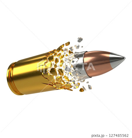 Dynamic explosion of a bullet shattering into gold and silver geometric fragments 127485562