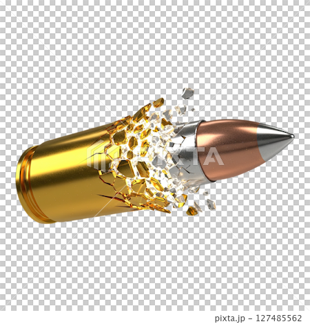 Dynamic explosion of a bullet shattering into gold and silver geometric fragments 127485562