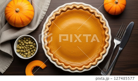 Delicious pumpkin pie in a white fluted dish with pumpkins and cutlery on a wooden table. Delicious pumpkin pie in a white fluted dish with pumpkins and cutlery on a wooden table. 127485577