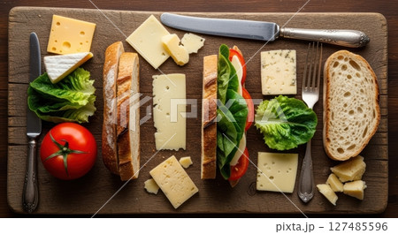 Assorted cheese, fresh bread, and vegetables on a rustic wooden board with a sandwich. Assorted cheese, fresh bread, and vegetables on a rustic wooden board with a sandwich. 127485596
