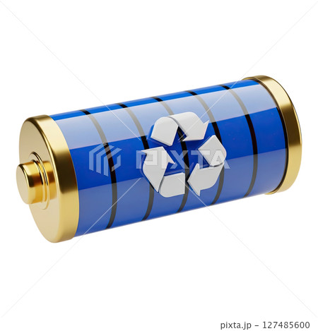 Eco friendly blue and gold cylindrical battery with recycling symbol and full charge 127485600
