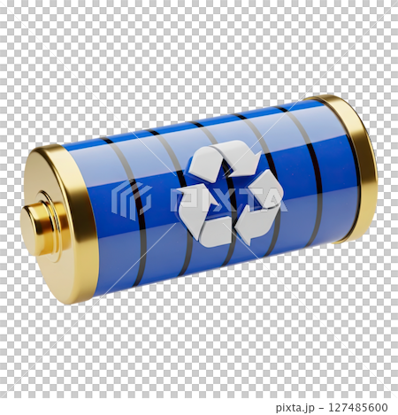 Eco friendly blue and gold cylindrical battery with recycling symbol and full charge 127485600